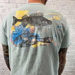 Nautica Medium Teal Fish Shirt Classic Fit V-neck Fishing Tee